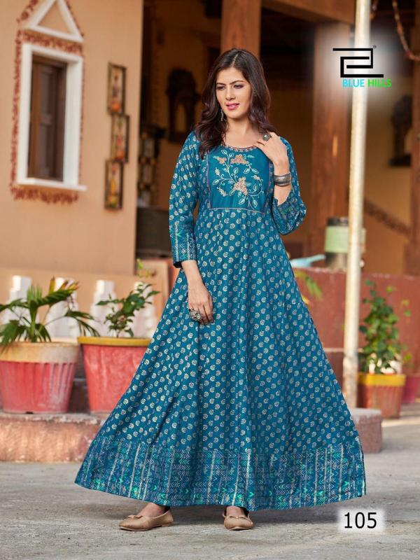 Blue Hills Sandwich Heavy Rayon Anarkali Print Designer Kurti Collection 